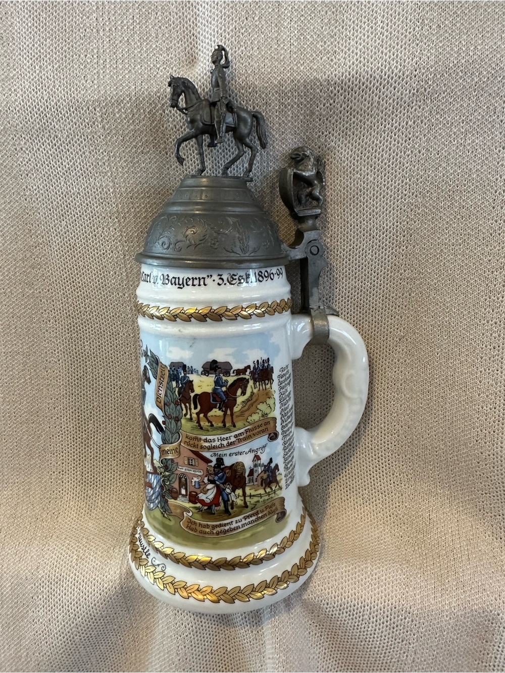 Vintage German Beer Stein with Pewter Lid and Equestrian Finial - White & Gold